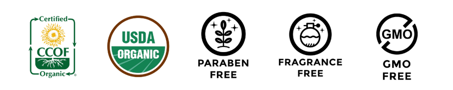 USDA Organic and CCOF Certified Organic logos, Paraben-Free, Fragrance-Free, and GMO-Free icons showcasing product quality.