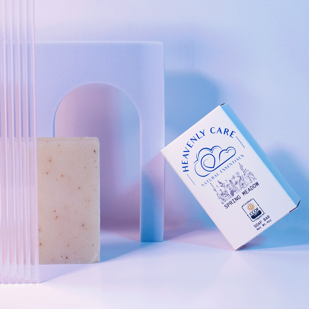 Heavenly Care Spring Meadow Soap, CCOF-certified organic, with natural essential oils in a serene, minimalist display.